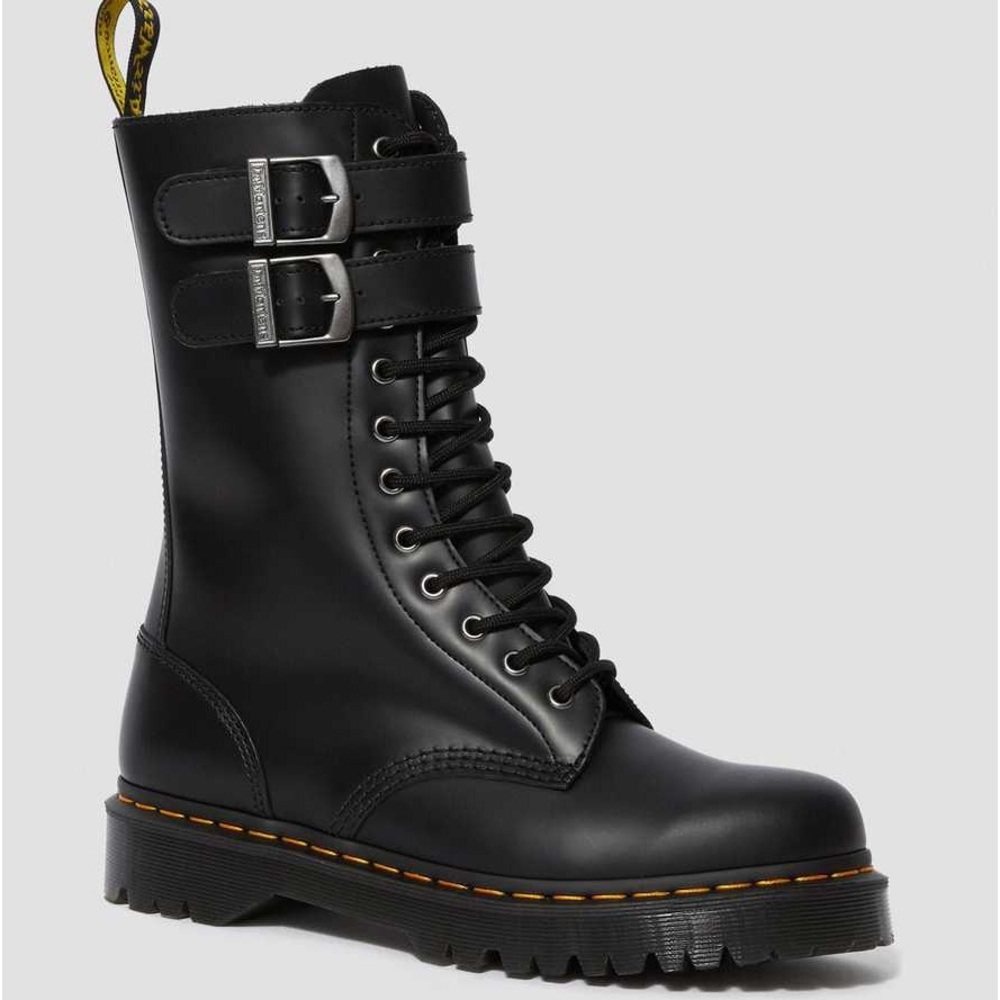 Dr Martens Caspian Alt. Unisex Boots Tall. Smooth Leather Buckle Strap Zipper